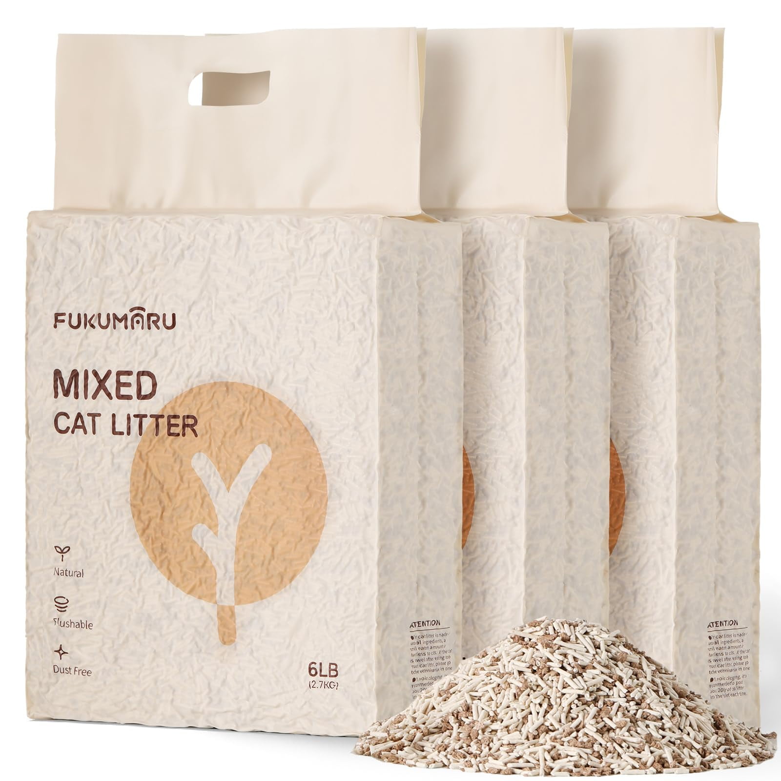 FUKUMARU Tofu Cat Litter, 18 LBS Clumping Cat Litter Flushable, Dust Free, Natural, Unscented, Lightweight, Low Tracking, Mixed Apple Wood, 24/7 Odor Control, 6lb x 3bags C80