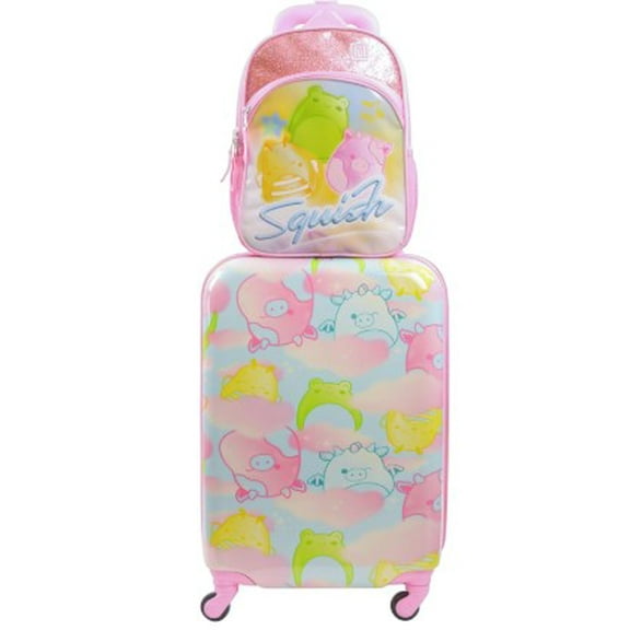 FUL Squishmallows 2 Piece Luggage Set, Kids Travel Suitcase with Spinner Wheels and Matching Backpack, Lightweight Hard Shell Carry On, Clouds Print, Pink