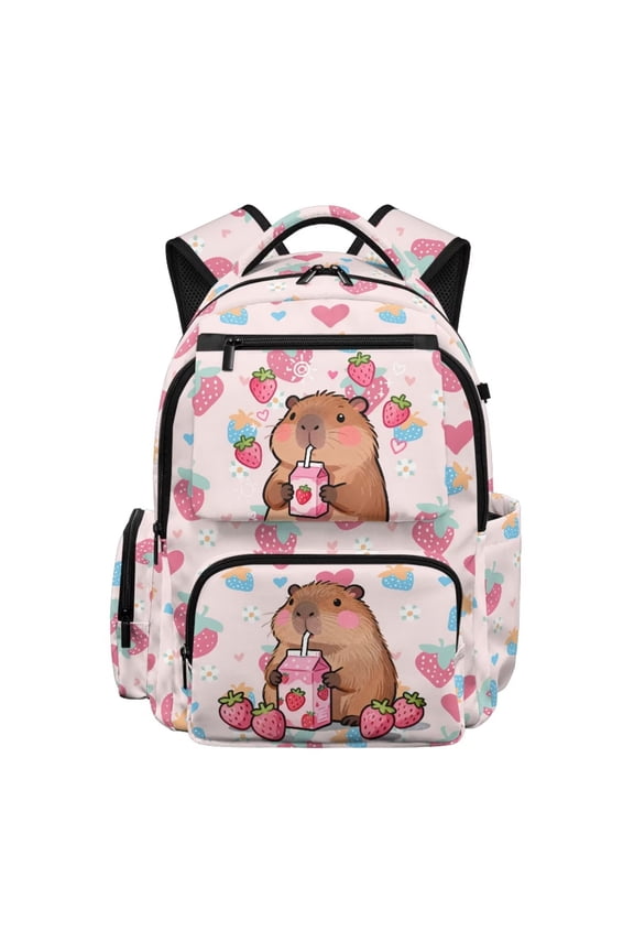 FULALDOLG Capybara Backpack for Girls Elementary School Bookbag Strawberry 17 Inch Kids Bookbag with Adjustable Strap Lightweight Zippered Knapsack