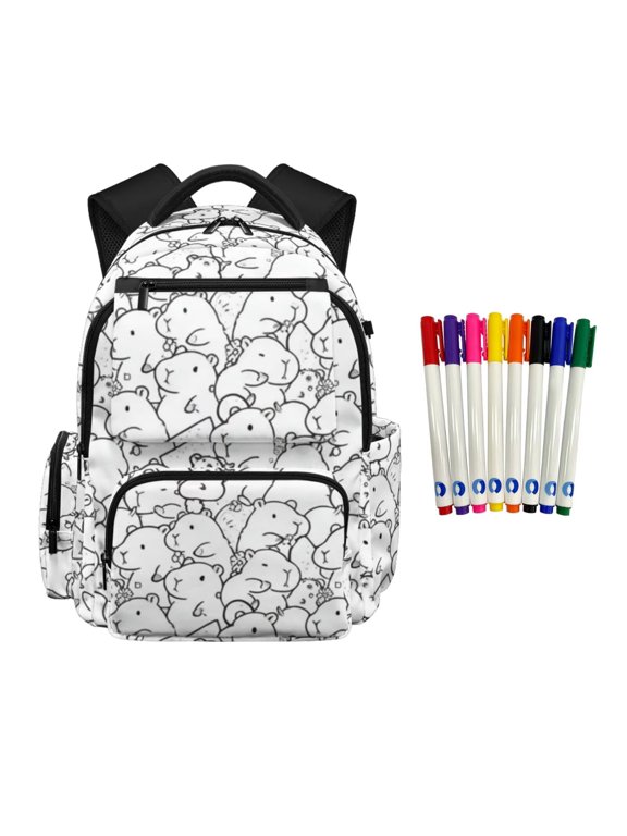 FULALDOLG Capybara Backpacks for Coloring with 8 Markers Color Your Own School Bag Kids Colorable Bookbag for Girls Personalized Doodle School Backpack