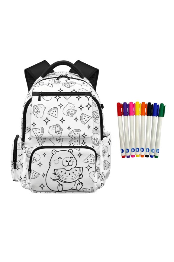 FULALDOLG Capybara Colorable Backpack for Girls 10-12 Color Your Own School Backpack DIY Hand Painted Book Bag with 8 Bright Markers 17 Inch Daypack Shoulder Bags