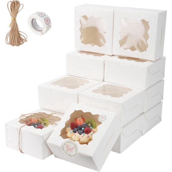 FULANDL 20 White Window Cookie Boxes 6x6x3 inches Baking Boxes with 500 Stickers for Cookies, Desserts, and Party Gift Containers