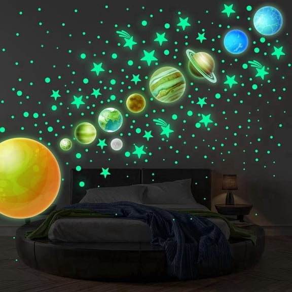 FULANDL 444 Small Sticker Luminous Solar System Wall Decals, Fluorescent Stars and Moon Glowing Planets Wall Stickers for Bedroom Living Room Decor