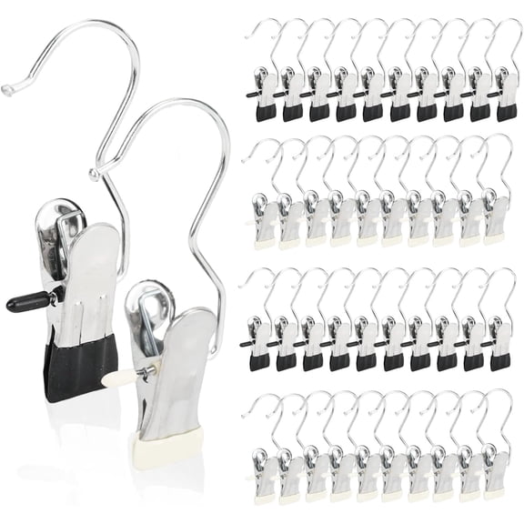 FULANDL 50 Wardrobe Boot Hooks, Heavy-Duty Clothespins, Pants, Hats, Towel Sock Hook Clips, Space Saving Laundry Hook Clips (Black and White)