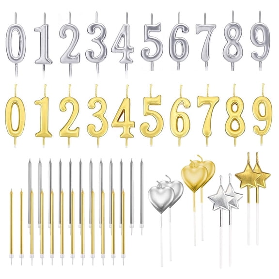 FULANDL 52 Pcs Candles, Including 20 Digital 0-9 Candles, 32 Long, Heart-Shaped, Star Shaped Cake Candles, Birthday Party Wedding Cake Top Decoration (Gold&Silver)