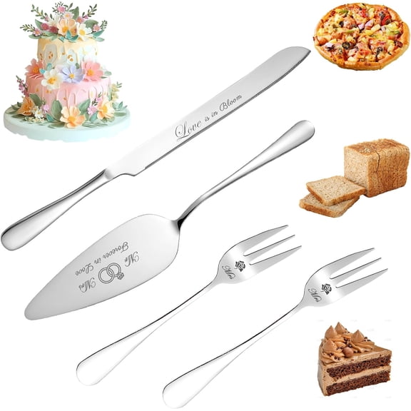 FULANDL Cake Knife and Server Set, Stainless Steel Cakes Toppers with Forks, with Engraved,Cutter Pie Spatula for Engagement, Birthday,Party,(Silver)
