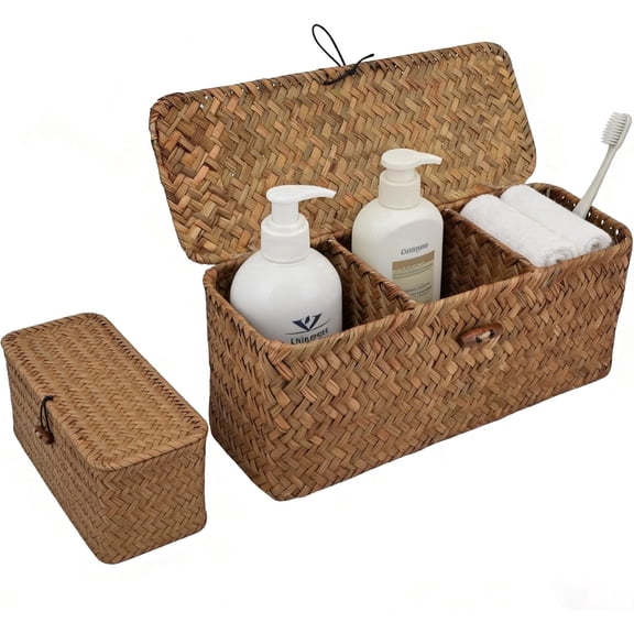 FULANDL Seagrass Storage Basket, 3-Compartment Wicker Basket,Rectangular Small Woven Shelf Basket for Storing Toiletries,Cosmetics in the bathroom
