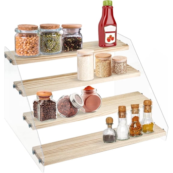 FULANDL Four-Layer Transparent Spice Rack, Wooden Kitchen Cabinet Storage Rack, Easy-to-Install Storage Rack for Spices, Food,Bedroom, and Office