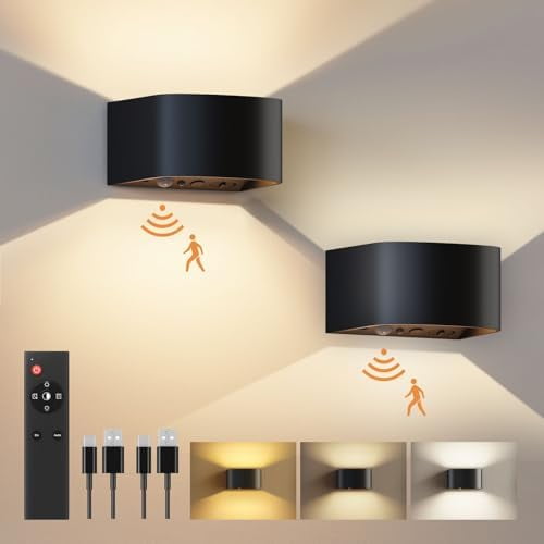 Hasako Motion Sensor Wall Light with Remote Control 3 Colors Wireless Wall Lamp LED Indoor Up and Down Wall Sconce 5000mAh Rechargeable Battery Powered Wall Lamps Brightness Adjustable, Black 2 Pack