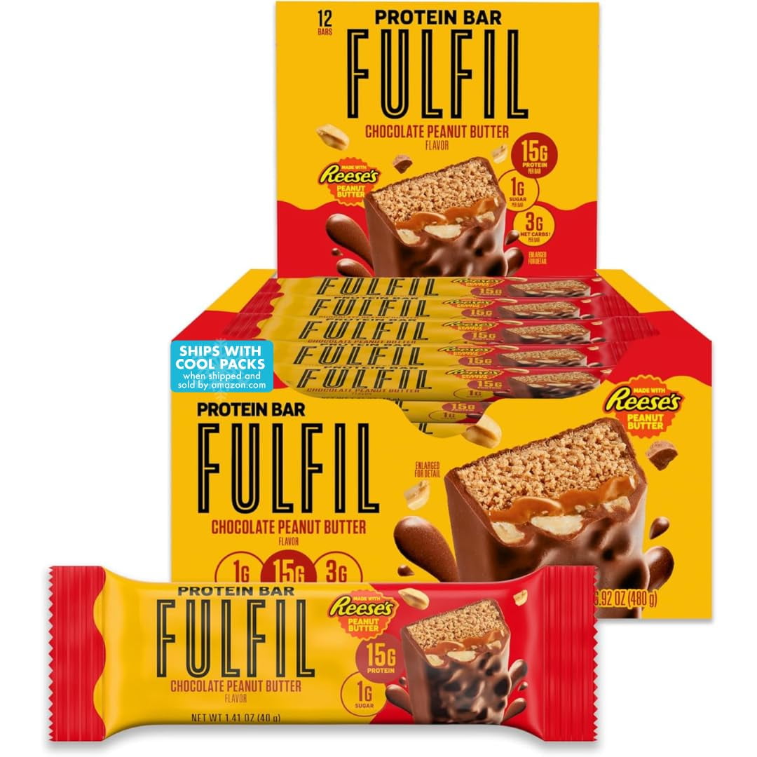 FULFIL Chocolate Peanut Butter Flavored Protein Bar MDH1Made with REESE's Peanut Butter, Gluten Free with 15g Protein, Pantry Staples, 12 Count