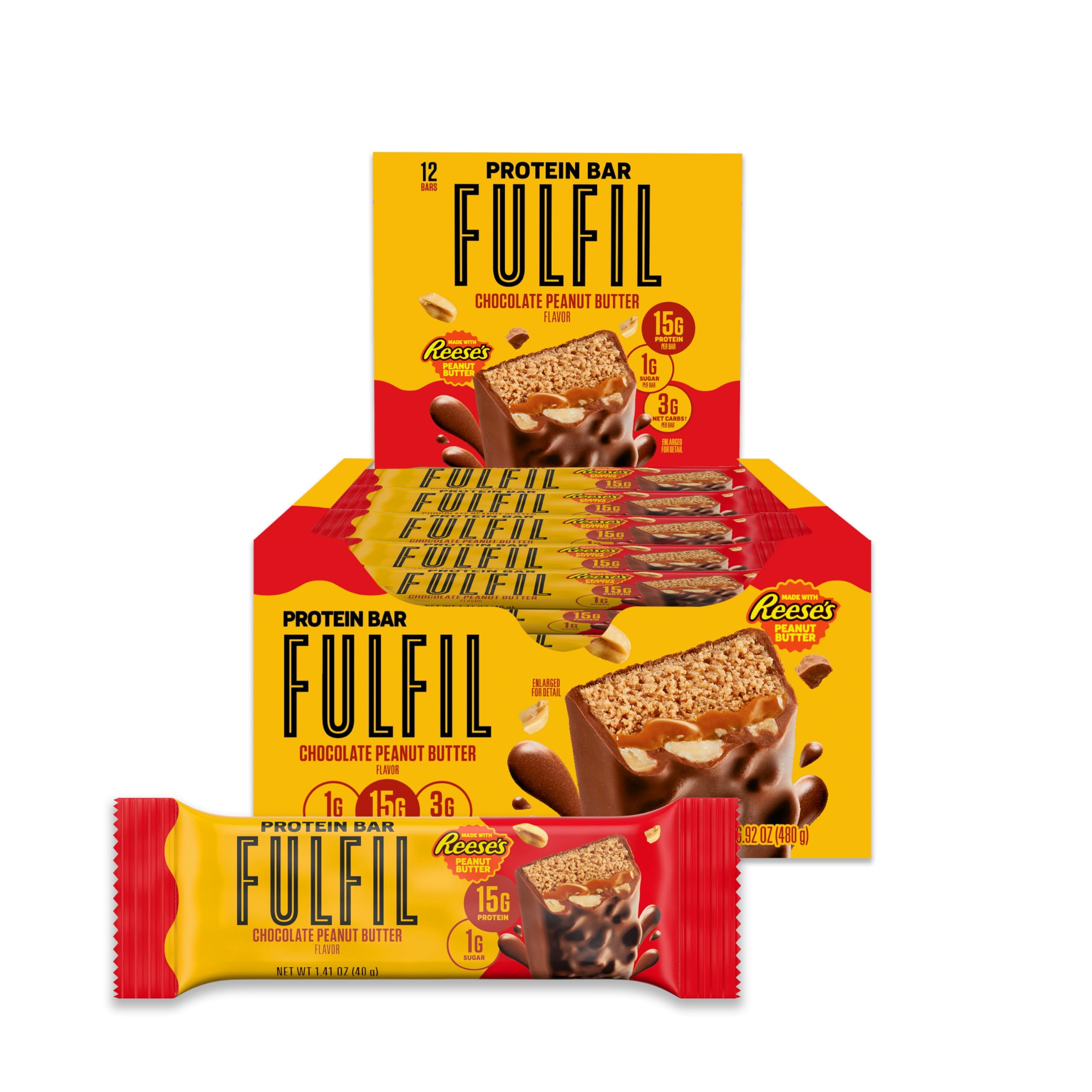 FULFIL Chocolate Peanut FEV6Butter Flavored Protein Bar Made with REESE's Peanut Butter, Gluten Free with 15g Protein, Pantry Staples, 12 Count