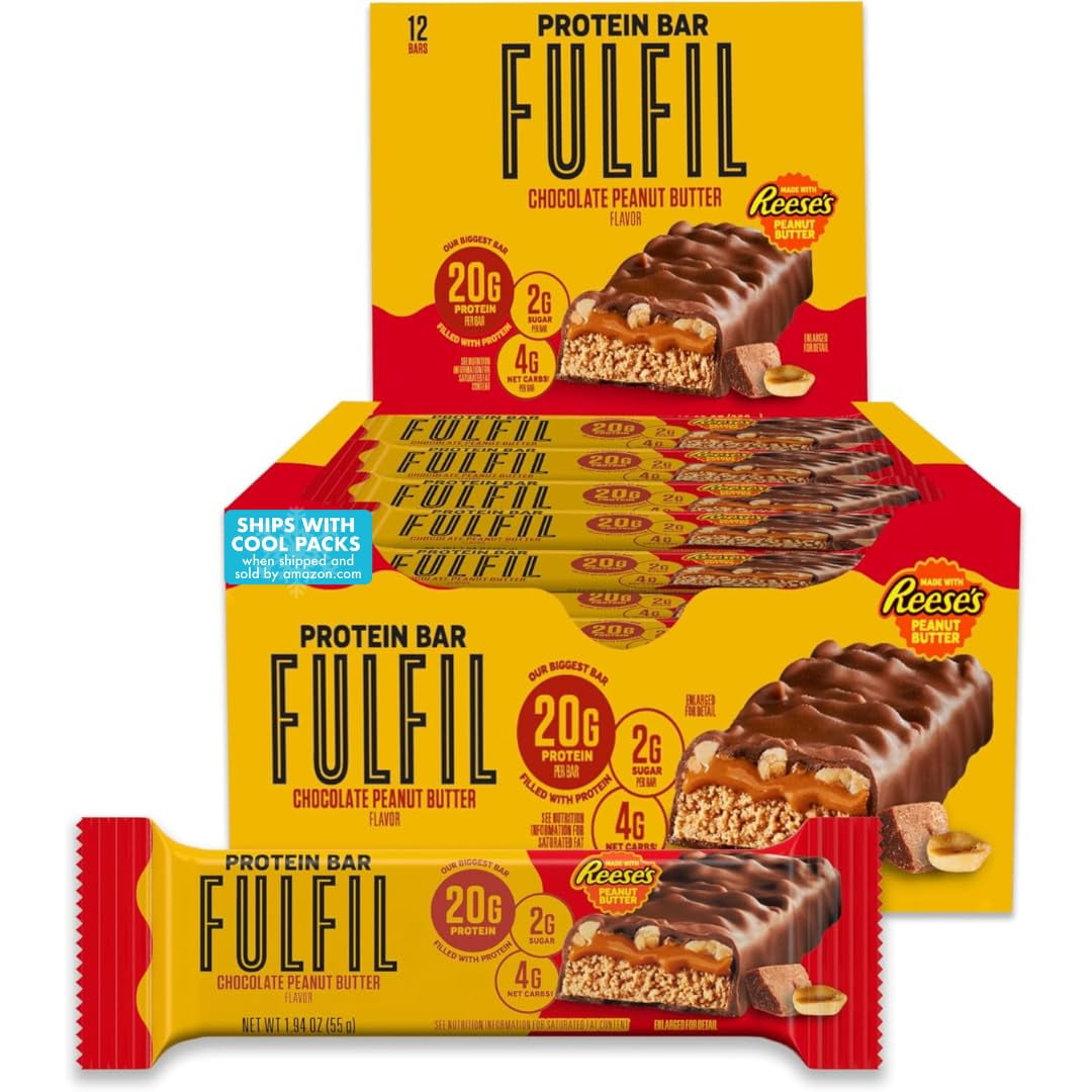 FULFIL Chocolate PeanutITSCButter Flavored Protein Bar Made with REESE's Peanut Butter, Gluten Free with 20g Protein, Pantry Staples, 12 Count