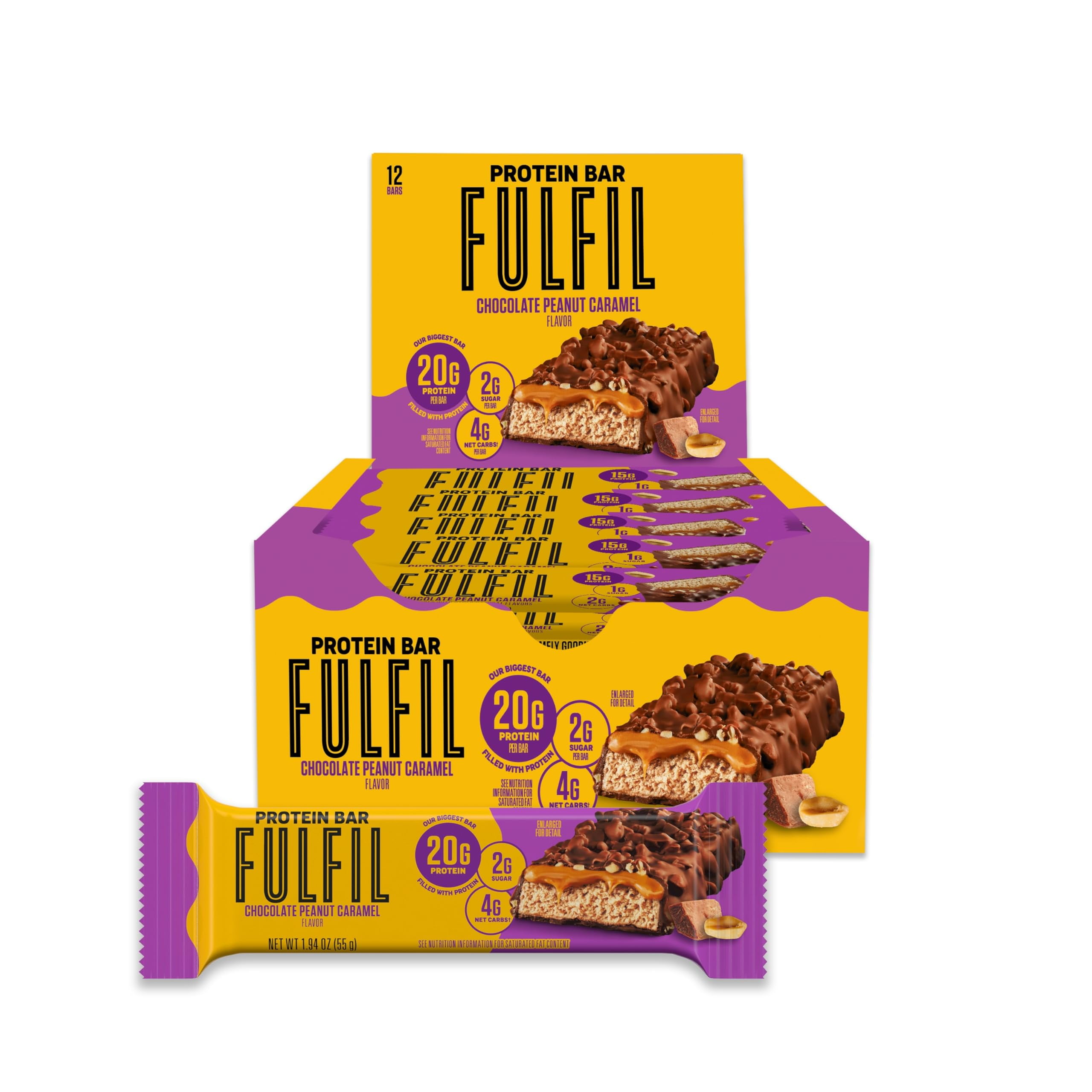 FULFIL Protein Bars, Chocolate OIF8Peanut Caramel Flavored, 20g Protein, Pantry Staples, 12 Count