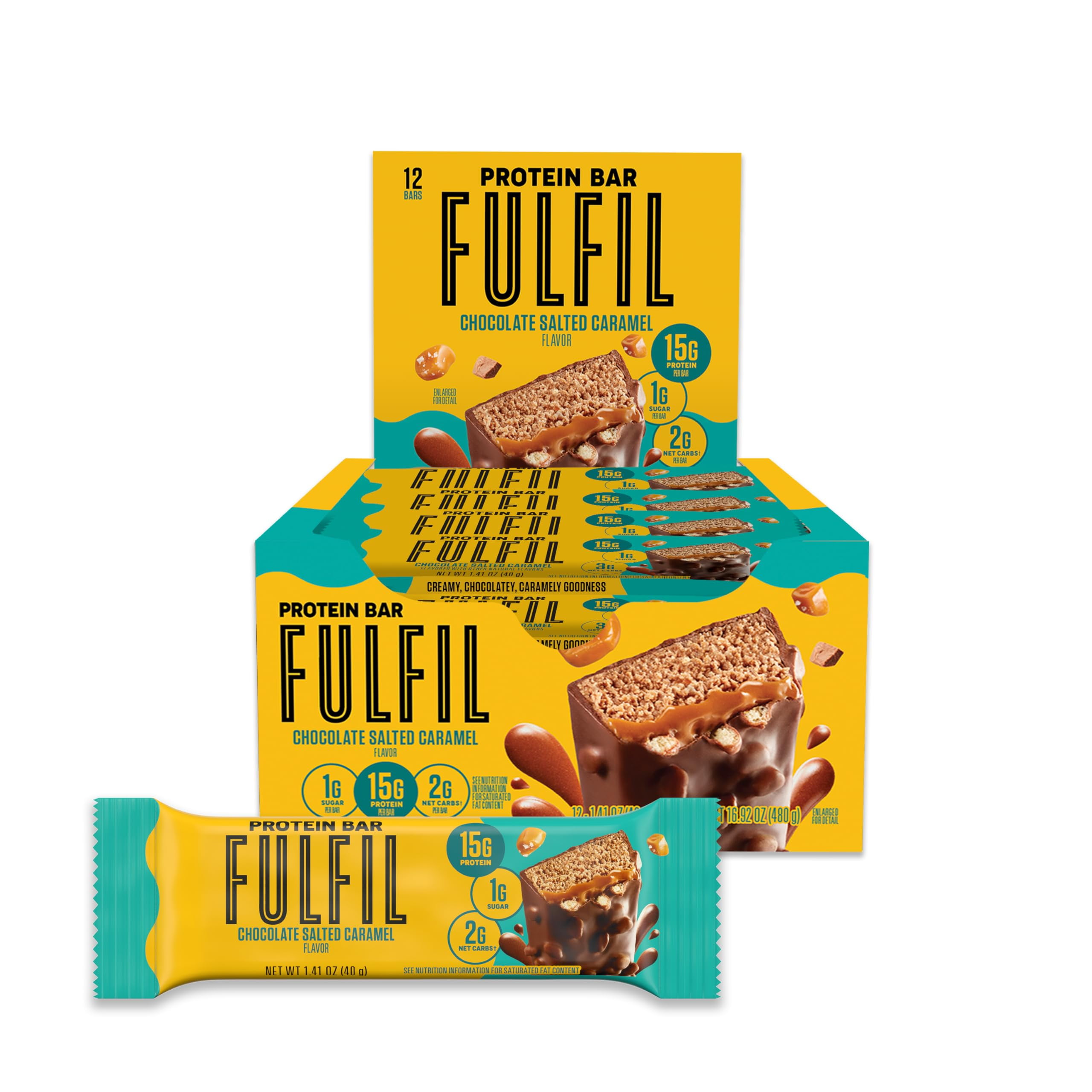 FULFIL Protein Snack Bars, IFF17 Chocolate Salted Caramel Flavored, Gluten Free with 15g Protein, Pantry Staples, 12 Count