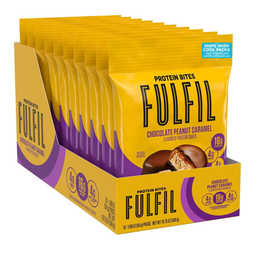 FULFIL Protein Snack Bites, IFF17 Chocolate Peanut Caramel Flavored, Gluten Free with 16g Protein per serving, 7 Bites per Bag (10 Bags)