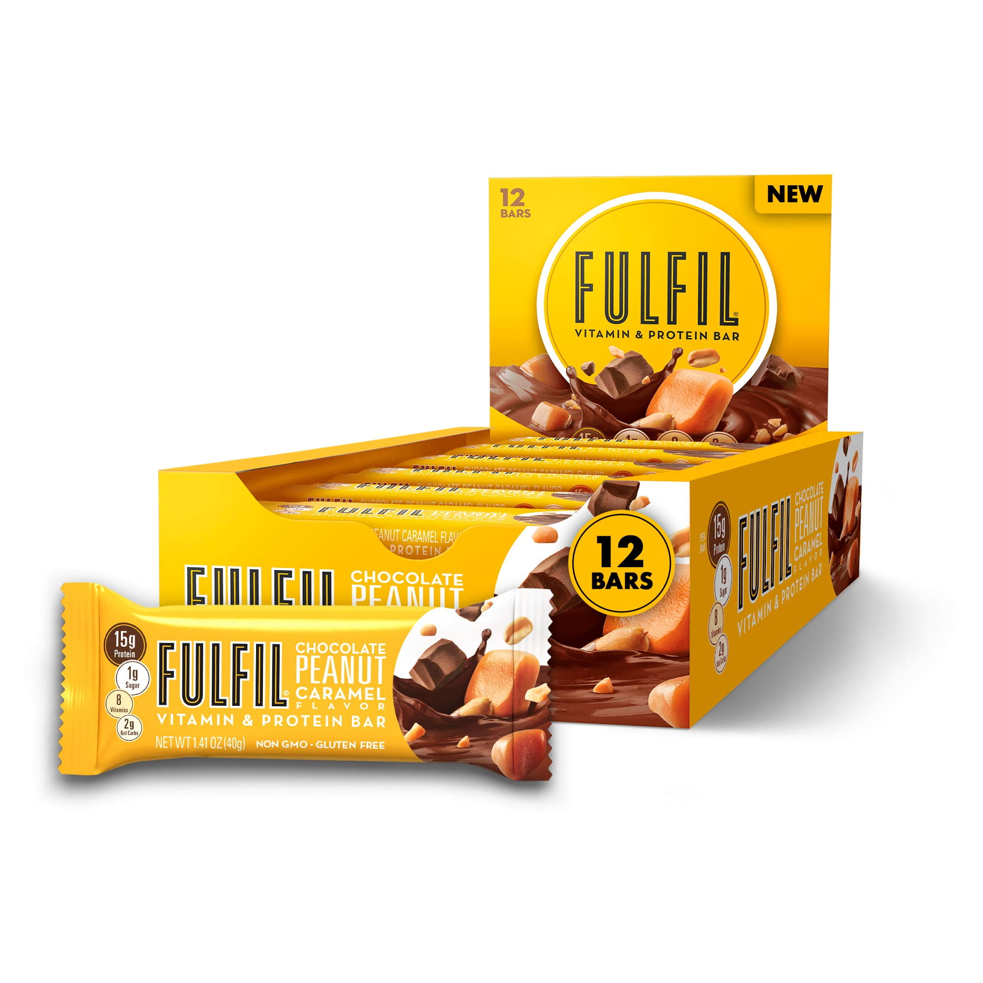 FULFIL Protein Snack Bars, Chocolate Peanut SMRCaramel Flavored, Gluten Free with 15g Protein, Pantry Staples, 12 Count