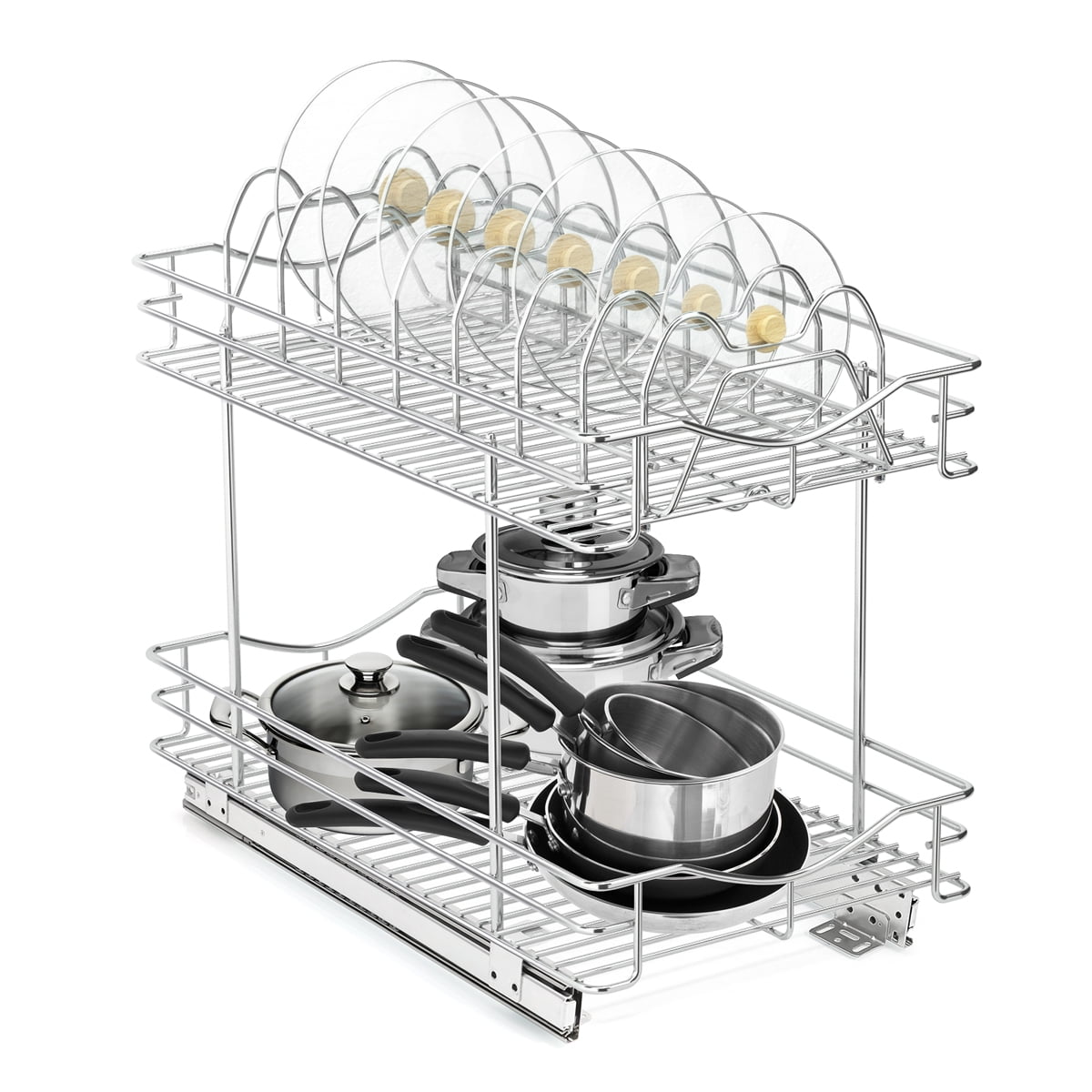 FULGENTE Pull Out 2-Tier Lid Cookware Cabinet Organizer