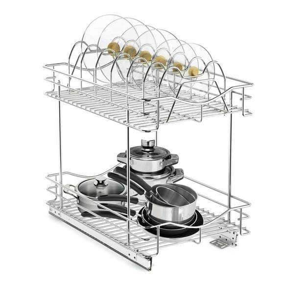 FULGENTE Pull Out Cabinet Pots and Pans Organizer 11" W x 18" D 2 Tier Wire Basket for Lid Cookware Drawer Slide Out Kitchen Cupboard Organization Shelves Shelf for Pantry Roll Out Storage