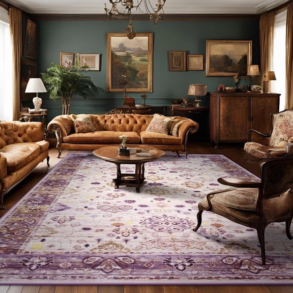 FULIE 4'x6'Boho Rug Non-Slip Are Rug for Living Room Floral Floor Carpet for Bedroom,Purple/Yellow