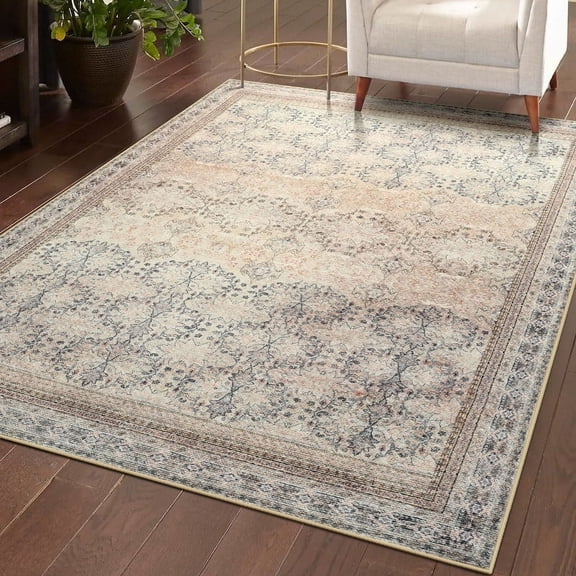 FULIE 4'x6'Rugs Vintage Floral Rug Retro Large Traditional Floor Carpet,Light Tan/H-15