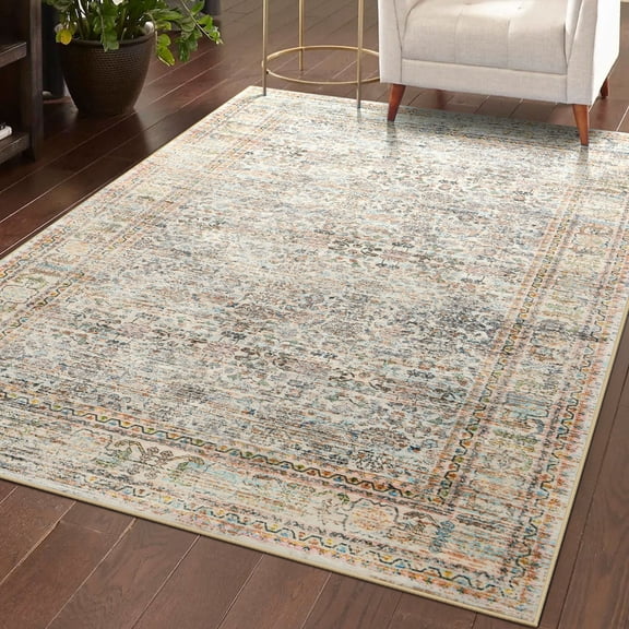 FULIE 4'x6'Rugs Vintage Floral Rug Retro Large Traditional Floor Carpet,Light Yellow/H-14