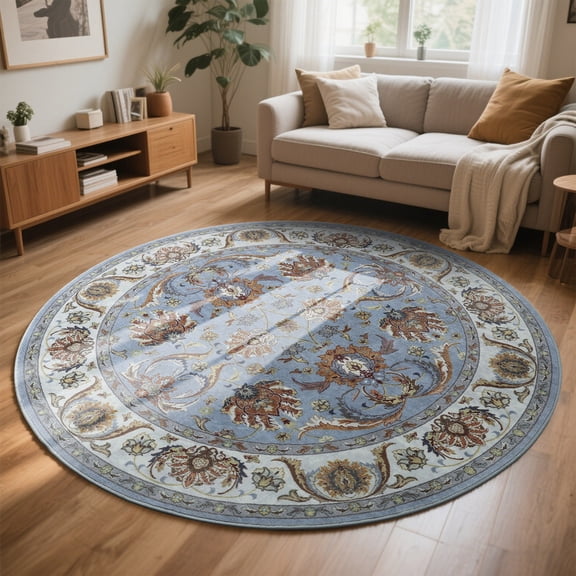 FULIE 5'x5'Round Rugs Soft Bohemian Area Rugs for Living Room Bedroom Modern Decor Carpet,Blue