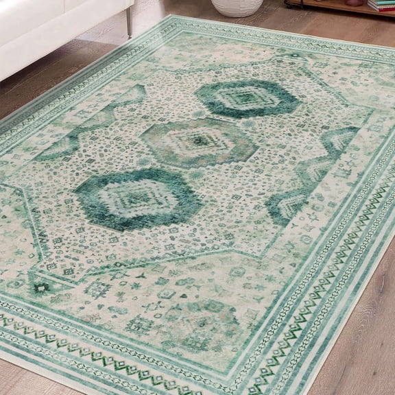 FULIE 6'x9'Area Rug,Boho Rugs for Living Room,Non Slip Low Pile Carpet Printed,Green