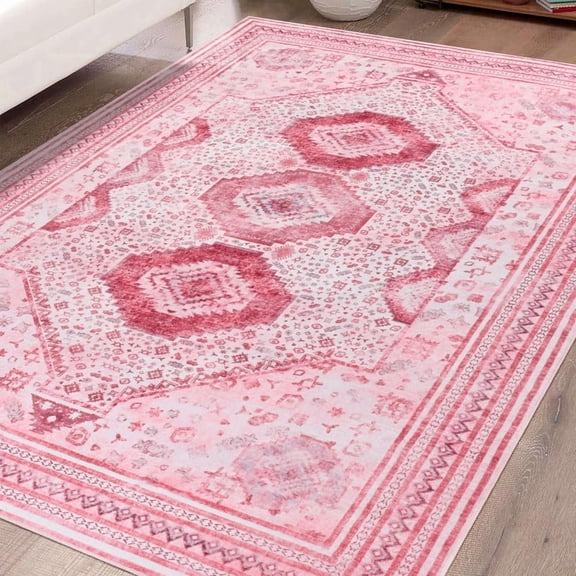 FULIE 6'x9'Area Rug,Boho Rugs for Living Room,Non Slip Low Pile Carpet Printed,Pink