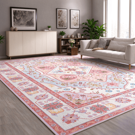 Junovo Area Rug 4'x6' Rug Machine Washable for Living Room/Dining Room/Bedroom,Pink