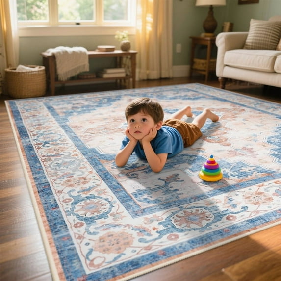 FULIE Bohemian Area Rug 5'x8'Rug Machine Washable for Living Room/Dining Room/Bedroom,Blue