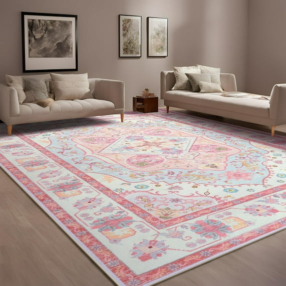 FULIE Bohemian Area Rug 5'x8'Rug Machine Washable for Living Room/Dining Room/Bedroom,Pink