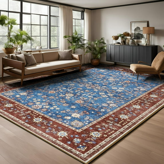 FULIE Living Room Rug Boho Area Rug Non Slip Floral Vintage Low Pile Large Rugs for Bedroom,Kids Playroom,4'x6',Blue/Red
