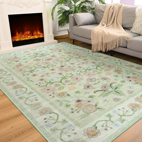 FULIE Living Room Rug Boho Area Rug Non Slip Floral Vintage Low Pile Large Rugs for Bedroom,Kids Playroom,4'x6',Green