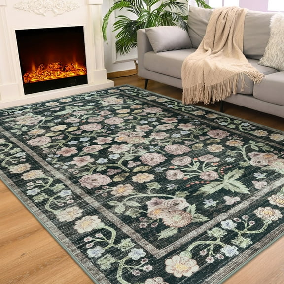 FULIE Living Room Rug Boho Area Rug Non Slip Floral Vintage Low Pile Large Rugs for Bedroom,Kids Playroom,4'x6',Pink/Black