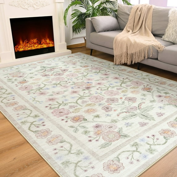 FULIE Living Room Rug Boho Area Rug Non Slip Floral Vintage Low Pile Large Rugs for Bedroom,Kids Playroom,4'x6',Pink