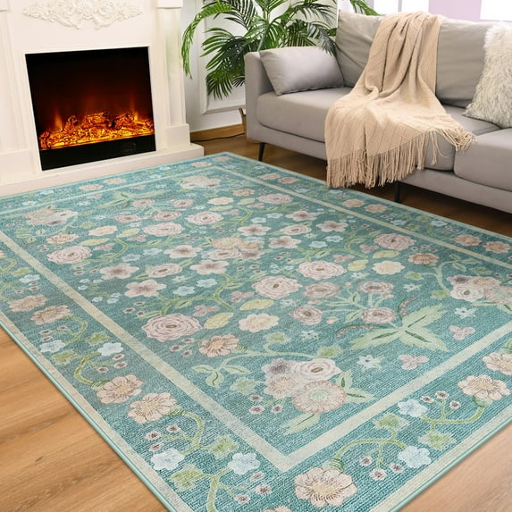 FULIE Living Room Rug Boho Area Rug Non Slip Floral Vintage Low Pile Large Rugs for Bedroom,Kids Playroom,5'x8',Blue
