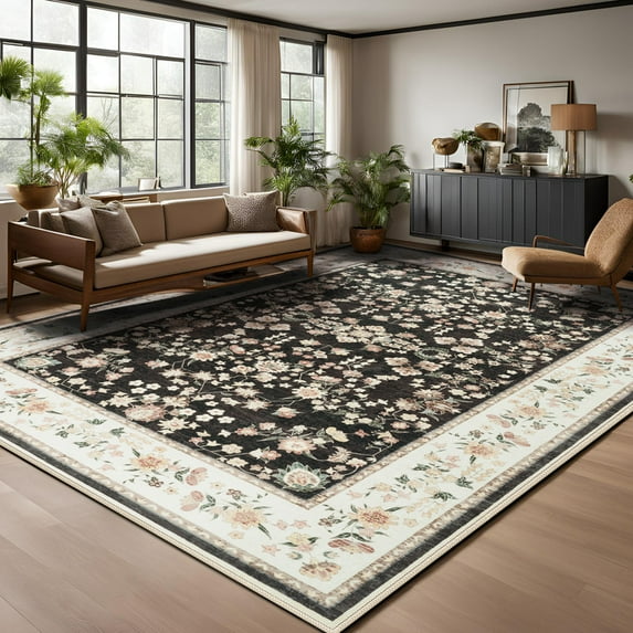 FULIE Living Room Rug Boho Area Rug Non Slip Floral Vintage Low Pile Large Rugs for Bedroom,Kids Playroom,6'x9',Blue/Pink