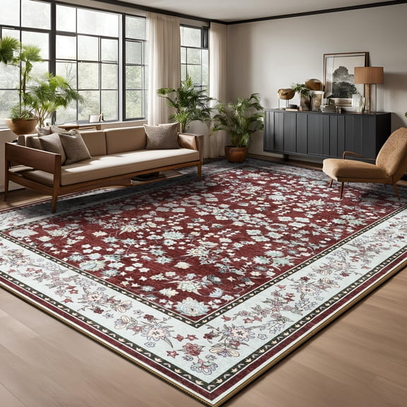 FULIE Living Room Rug Boho Area Rug Non Slip Floral Vintage Low Pile Large Rugs for Bedroom,Kids Playroom,6'x9',Red