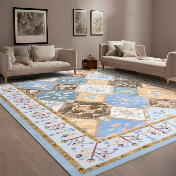 FULIE Rug for Living Room Washable Non-slip Area Rug,4'x6'Rug,Blue/Orange