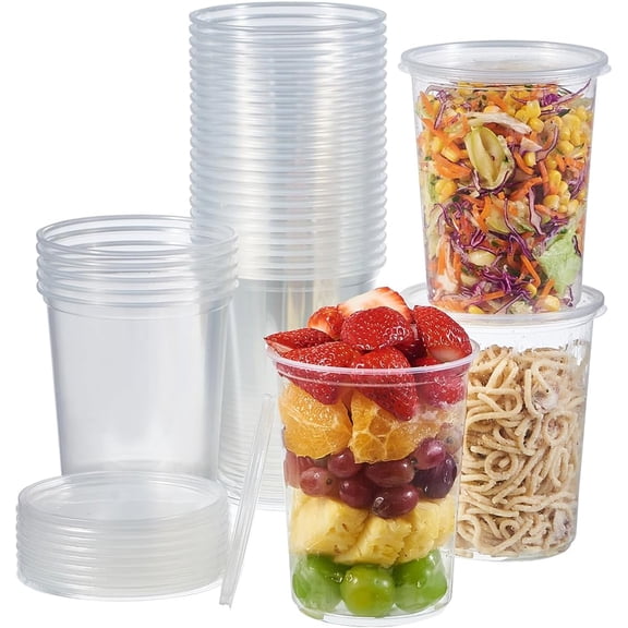 FULING 150 Sets - 32 oz. Plastic Deli Food Storage Soup Togo Containers With Airtight Lids Clear Disposable Takeout Quart Container