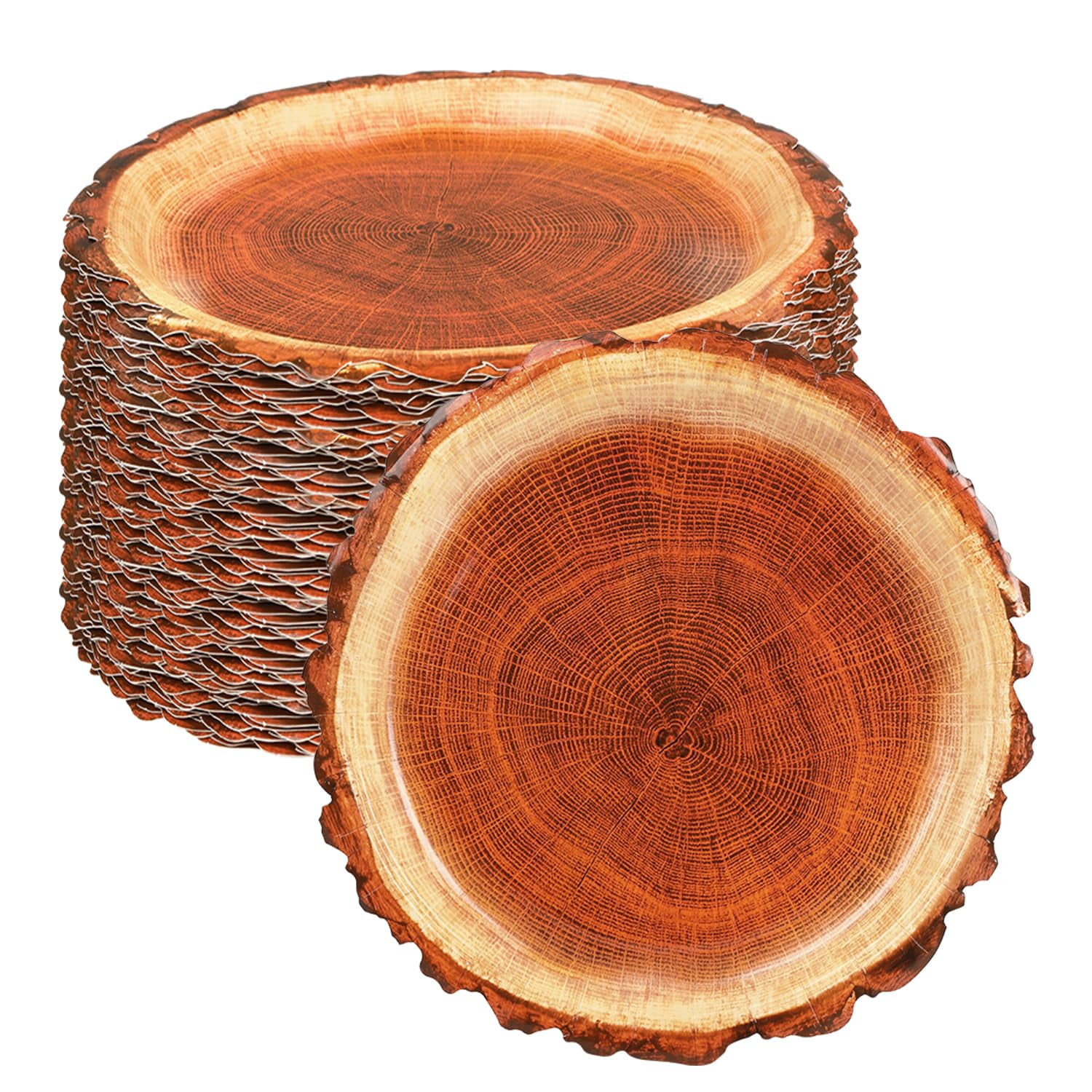 FULJOOY 120 Pcs Rustic Wood Grain Dessert Paper 9"Natural Farmhouse Wood Slice Paper Dessert Plates Camping Wood Grain Slice Service Trays for Camping Hunting Lumberjack Birthday Party Supplies C35