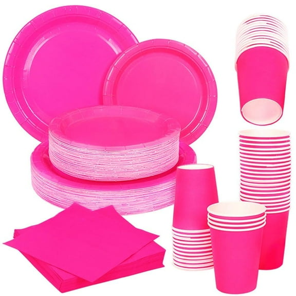 FULJOOY 192PCS Rose Hot Pink Party AFN1Supplies Set Guests Tableware Include Paper Plates Cups Napkins Disposable Dinnerware Decorations for Baby Shower Graduation Women Birthday Wedding Supplies
