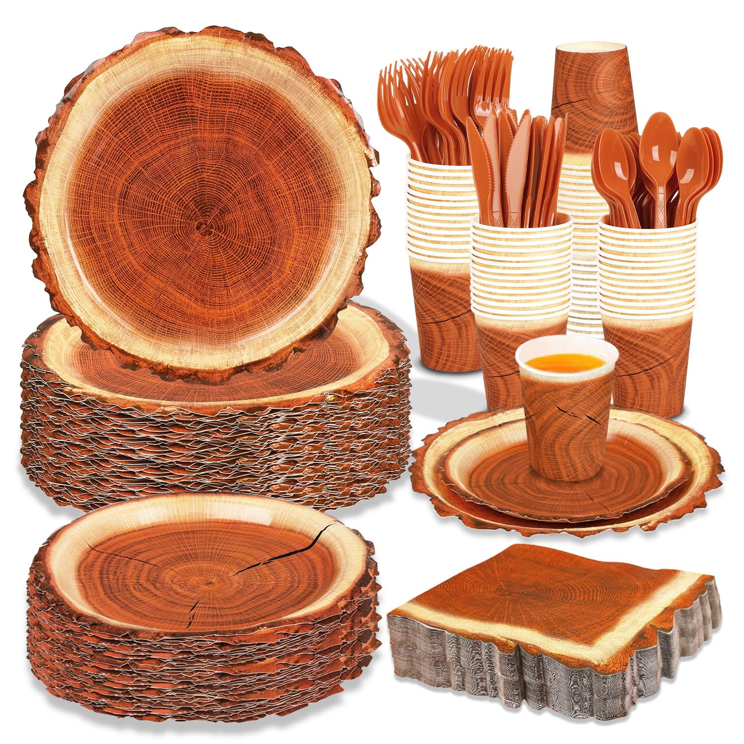 FULJOOY 200 Pieces AJH3Camping Wood Grain Slice Party Set Paper Plate Cup Napkin for Camping Woodland Baby Shower Lumberjack Birthday Featuring a Round Wooden Slice Die Cut Edge Design Serve 25