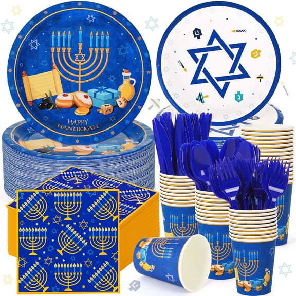 FULJOOY 400 Pcs Hanukkah Party Supplies AFN1for 50 Guests Happy Chanukah Disposable Set Include Paper Plates Paper Cups Napkins Plastic Knives Forks and Spoons for Hanukkah Party Supplies