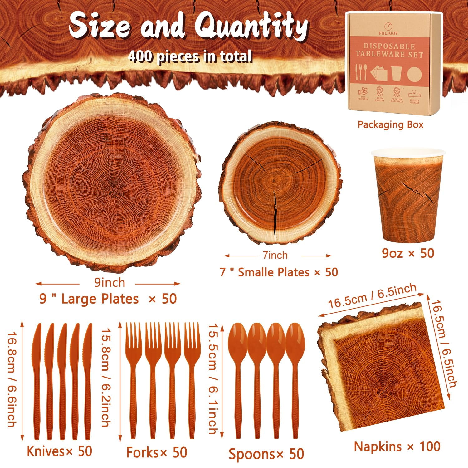 FULJOOY 400 Pieces AJH3Camping Wood Grain Slice Party Set Paper Plate Cup Napkin for Camping Woodland Baby Shower Lumberjack Birthday Featuring a Round Wooden Slice Die Cut Edge Design Serve 50