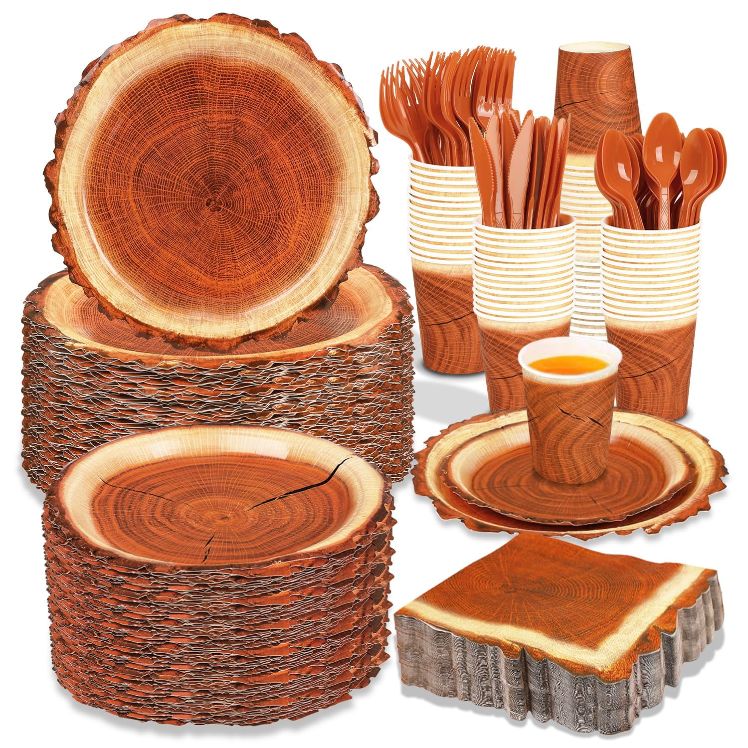 FULJOOY 400 Pieces Camping DHF10Wood Grain Slice Party Set Paper Plate Cup Napkin for Camping Woodland Baby Shower Lumberjack Birthday Featuring a Round Wooden Slice Die Cut Edge Design Serve 50