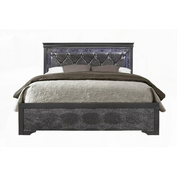 FULL BED IN METALLIC GREY SHAKER STYLE WITH LED AND PADDED HEADBOARD