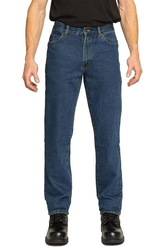 5 Pocket Denim Jeans, Regular Fit, Straight Legs, Sits At Waist, Medium Wash, 34x36