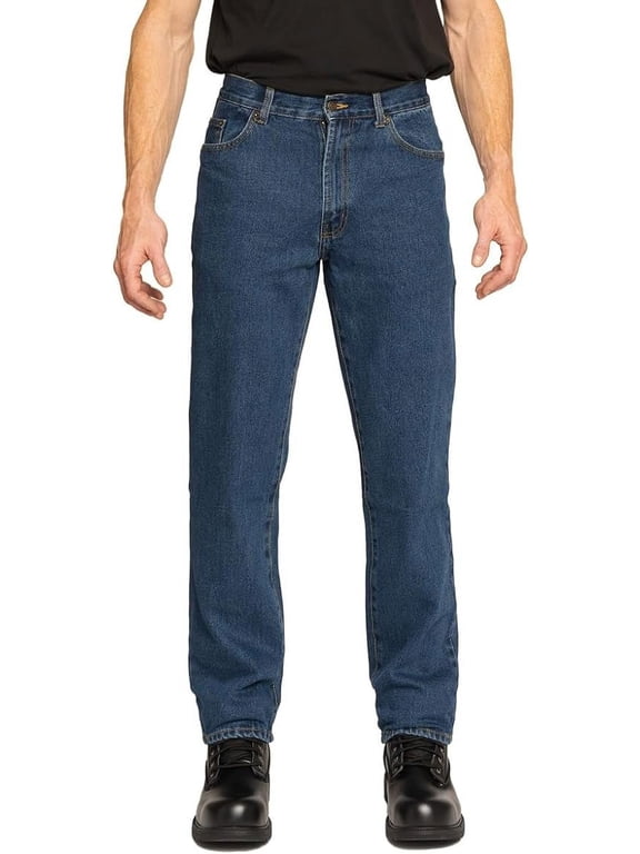 5 Pocket Denim Jeans, Regular Fit, Straight Legs, Sits At Waist, Medium Wash, 52x30