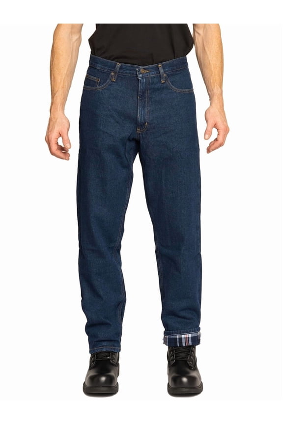 5 Pocket Flannel Lined Denim Jeans, Relaxed Fit, Sits At Waist, Dark Wash, 42x32